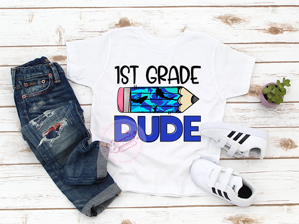 1st grade dude camo blue pencil t-shirt.