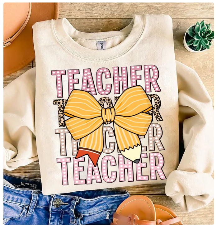 Teacher Fun Font and Pencil Bow Crewneck