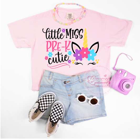 Little Miss Pre- K Cutie Back to School Unicorn Shirt
