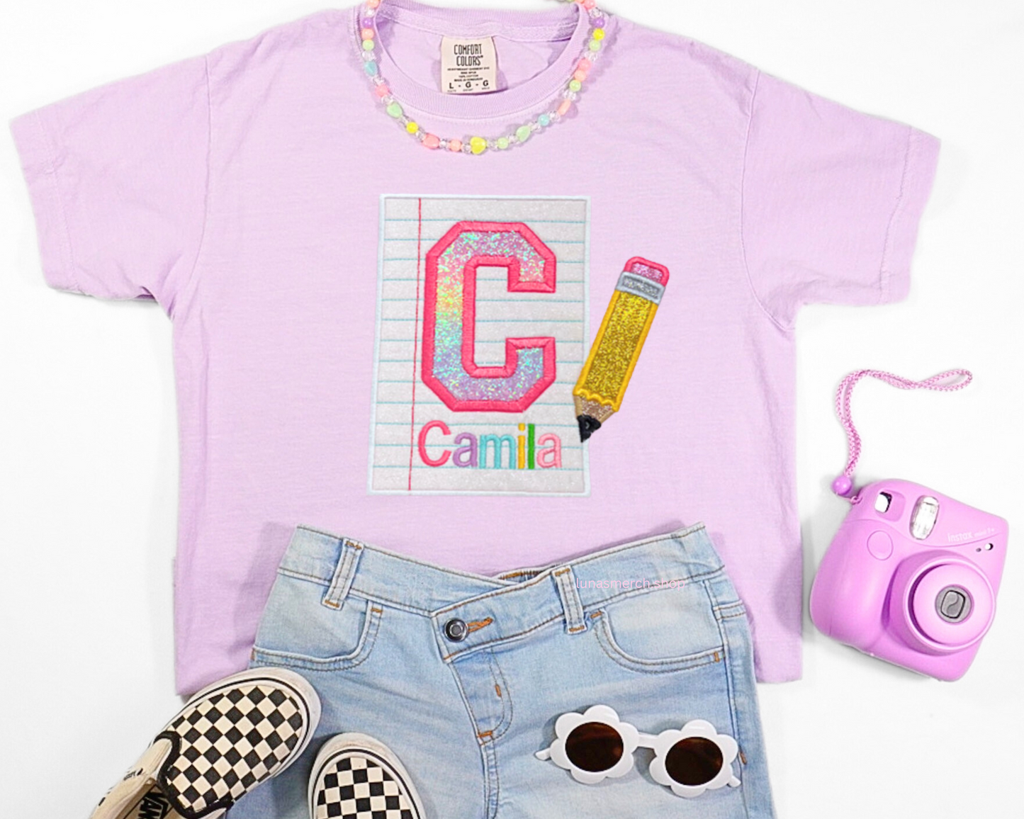 Glitter Pencil & Paper Personalized Name Embroidered Shirt