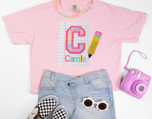 Glitter Pencil & Paper Personalized Name Embroidered Shirt