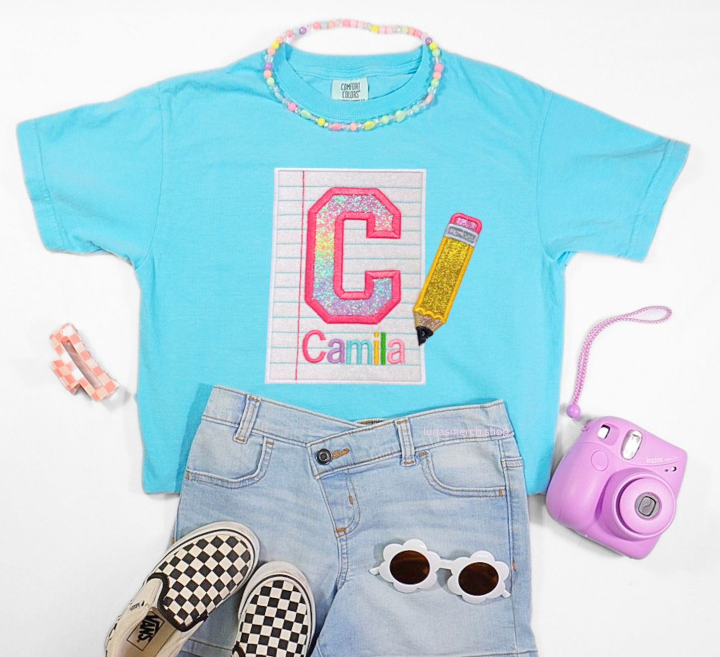 Glitter Pencil & Paper Personalized Name Embroidered Shirt