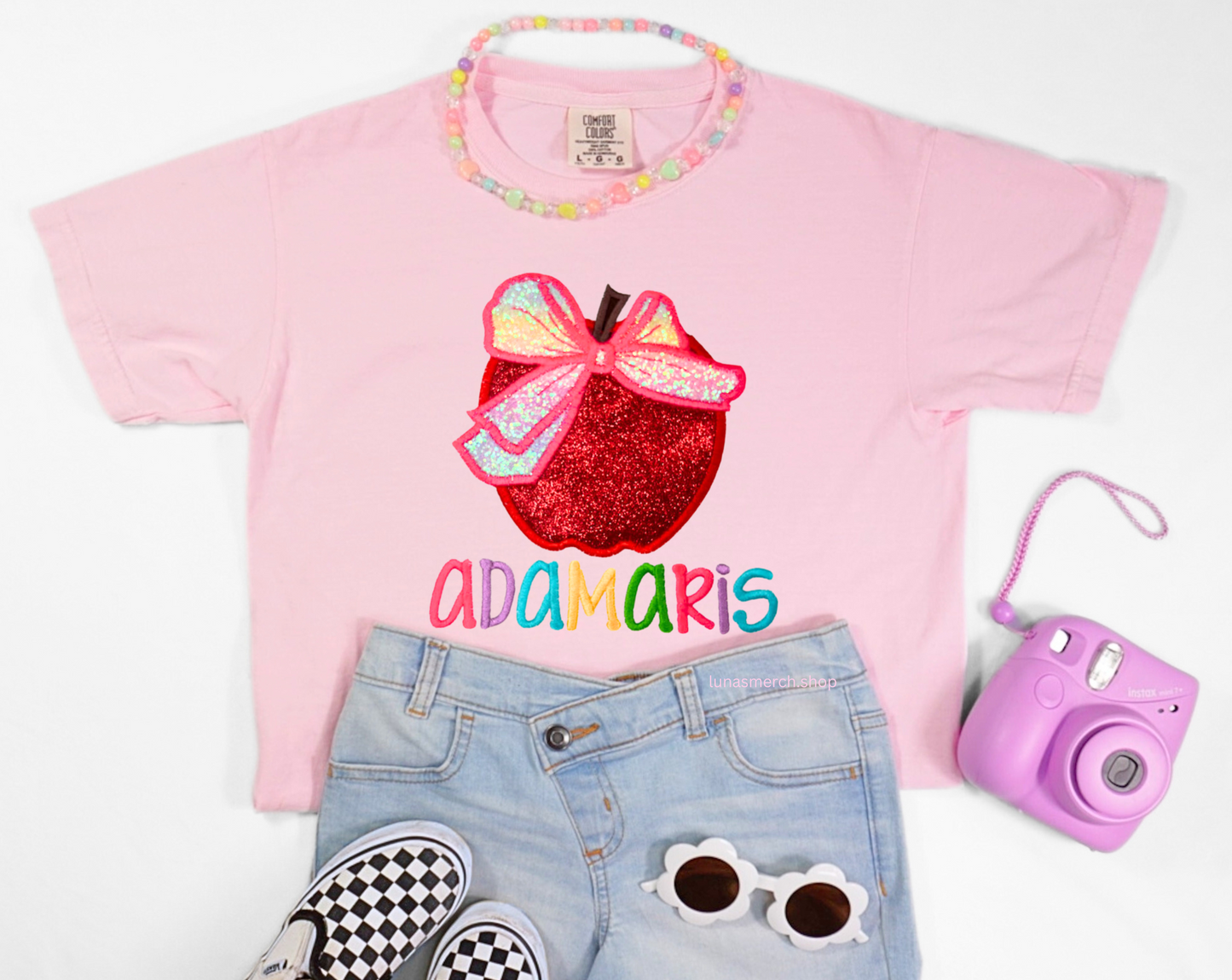 Sparkly Apple Personalized Name Embroidered Shirt