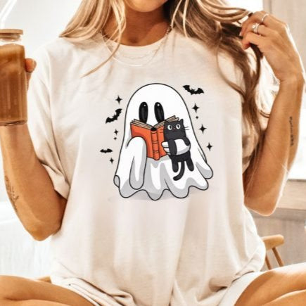 Ghost with Black Cat Reading T- Shirt