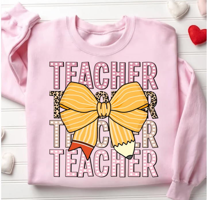 Teacher Fun Font and Pencil Bow Crewneck