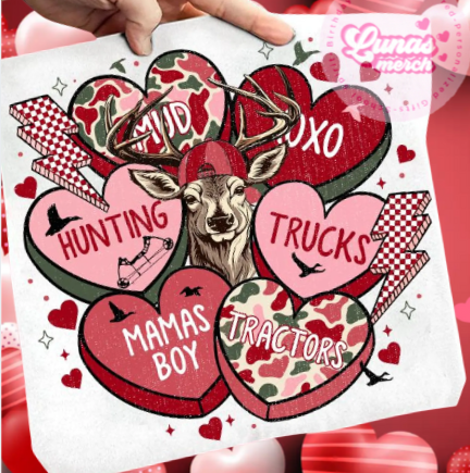valentine red hearts hunting, mud, xoxo, mamas boy, tructer.
