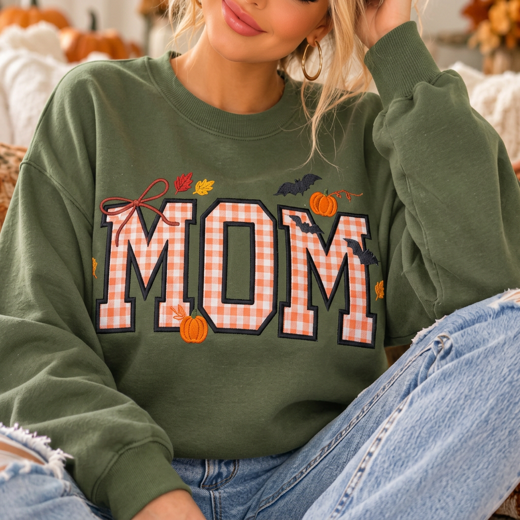 AI-generated Military Green crewneck mockup with fall MOM gingham design
