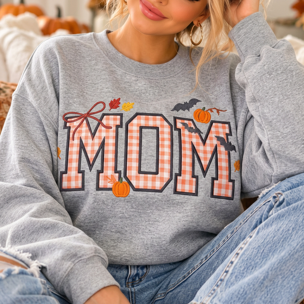 AI-generated Sport Grey crewneck mockup with fall MOM gingham design