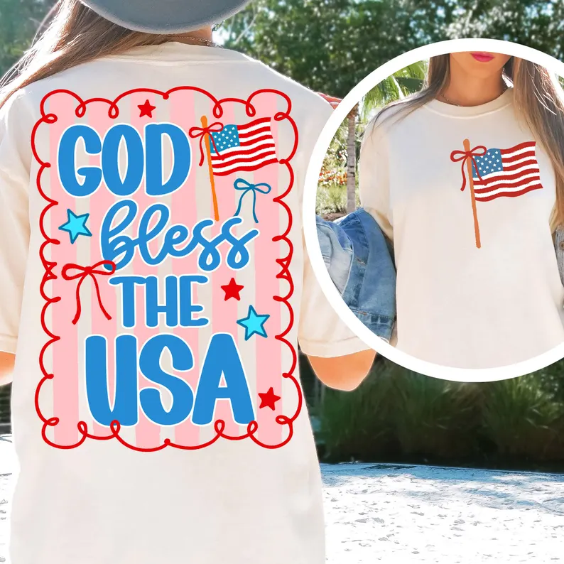 Red God Bless USA and USA Flag T- Shirt