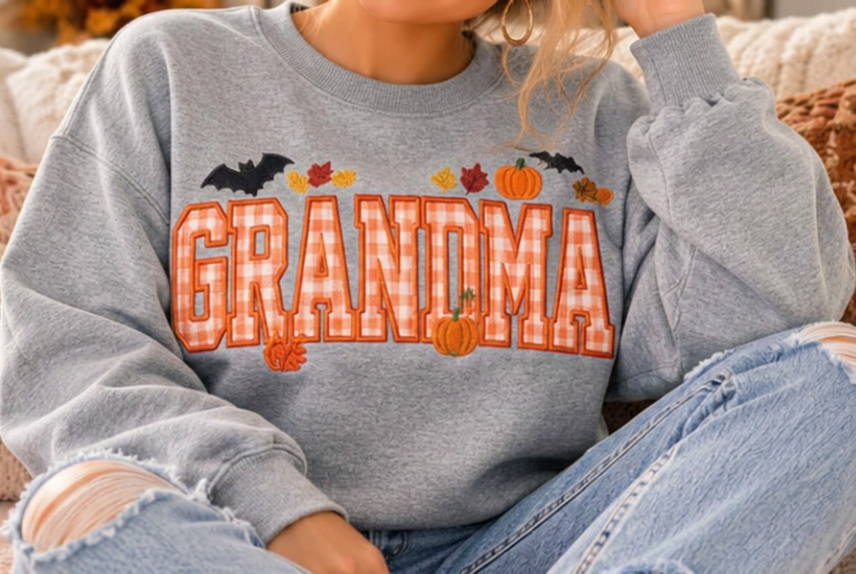 AI-generated Sport Grey crewneck mockup with Grandma fall gingham graphic