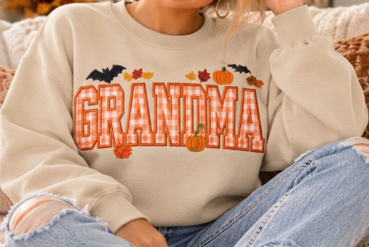 AI-generated Sand crewneck mockup with Grandma fall gingham graphic