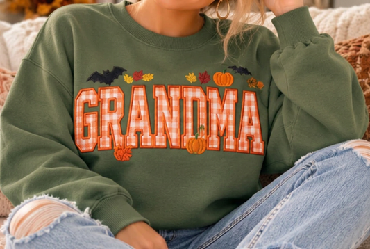 AI-generated Military Green crewneck mockup with Grandma fall gingham graphic