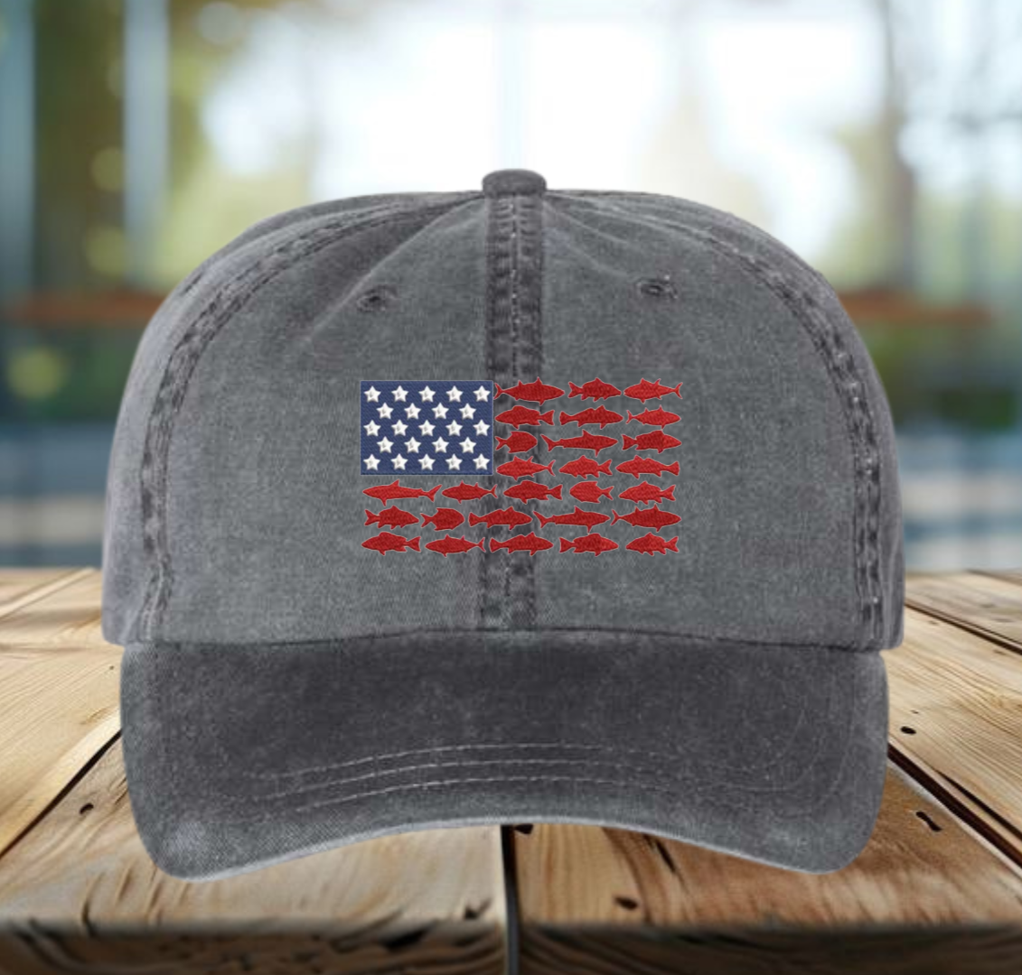 USA Flag With Fish Embroidered Cap