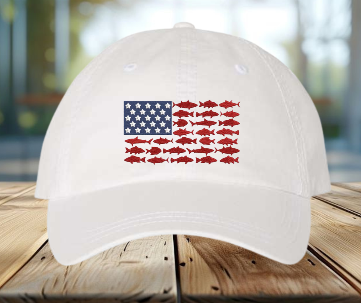 USA Flag With Fish Embroidered Cap