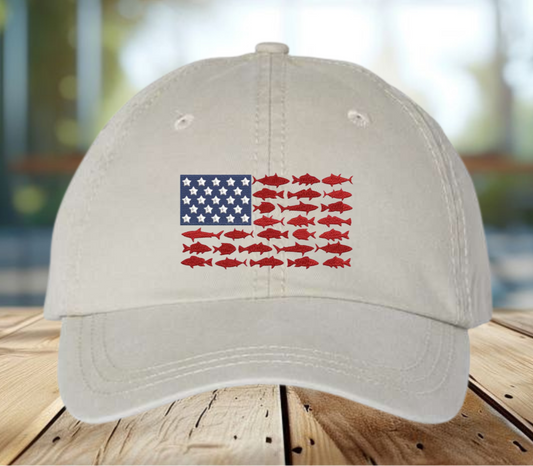 USA Flag With Fish Embroidered Cap