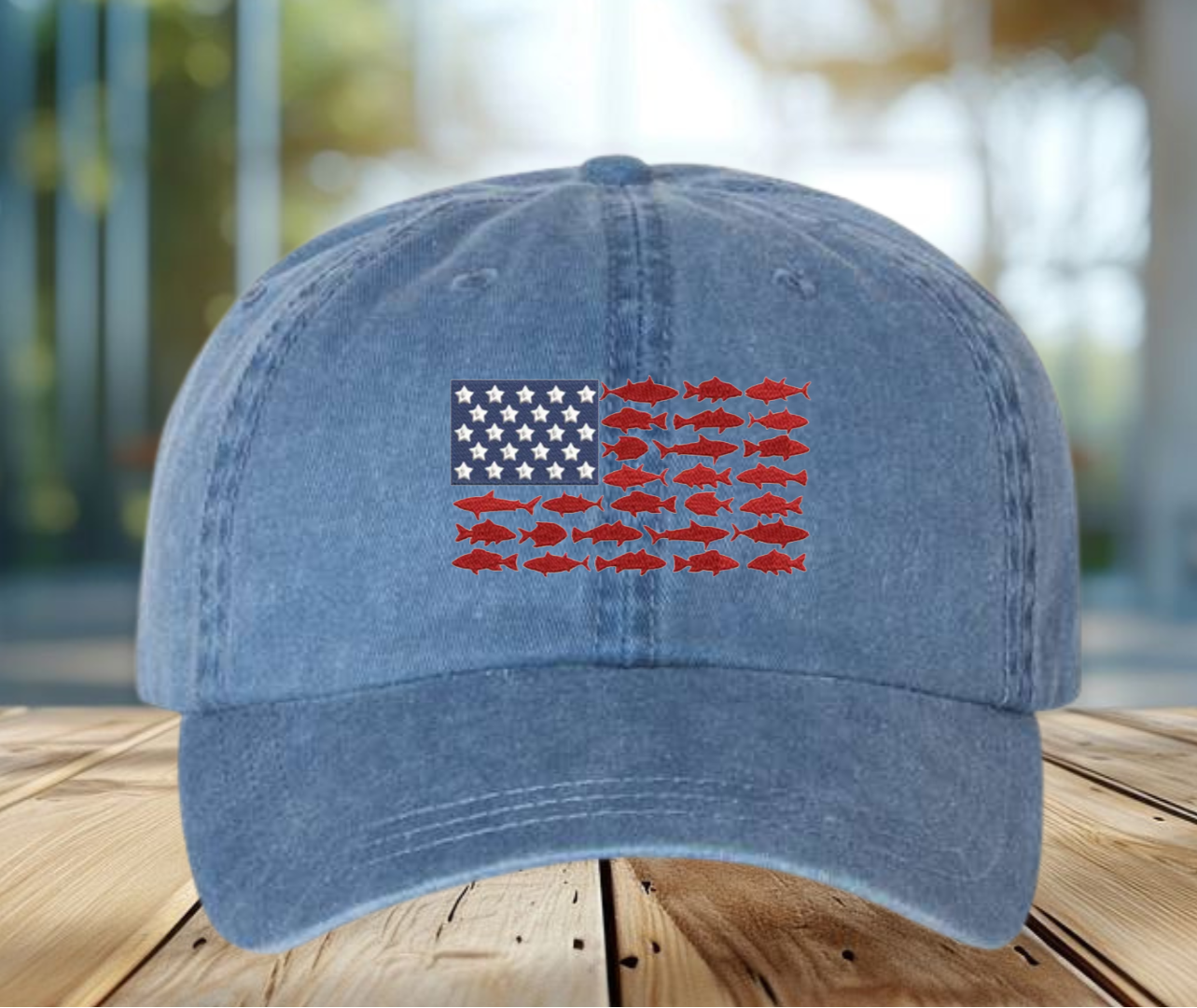 USA Flag With Fish Embroidered Cap