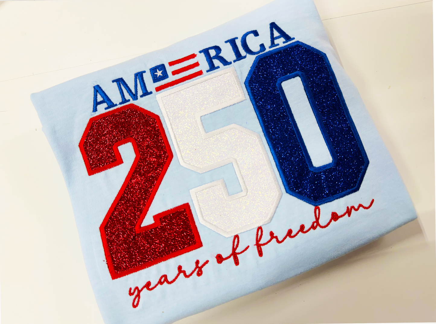 America 250 Years of Freedom glitter applique t- shirt